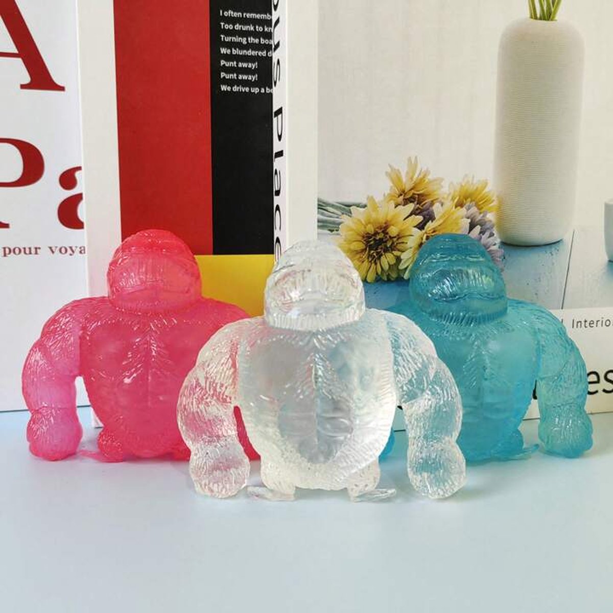 Happy Trendz® Decompressie Kristallen Gorilla Knijp Speelgoed - Langzame Terugkeer - 3 Stuks Geleverd | Transparant - Anti-Stress - 3 Verschillende Kleuren